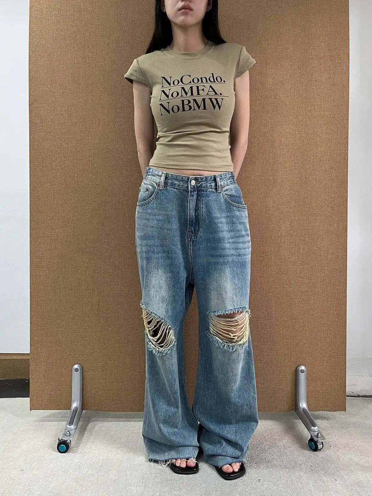 DEAT Fashion Ripped Straight Blue Jeans Women's High Waist Streetwear Denim Pants Summer New 7A4060