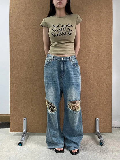 DEAT Fashion Ripped Straight Blue Jeans Women's High Waist Streetwear Denim Pants Summer New 7A4060