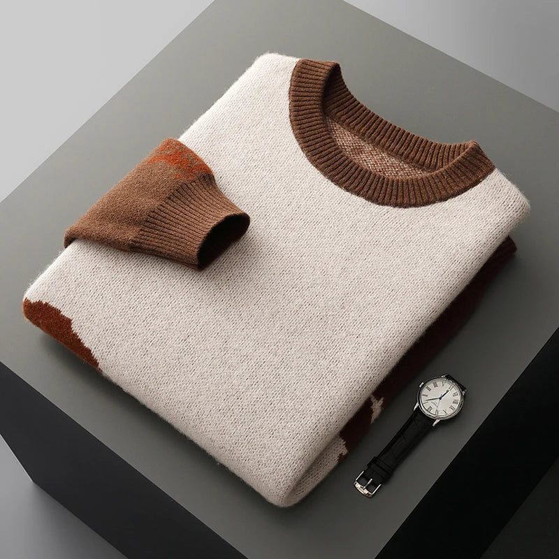 Autumn/Winter New 100% Merino Wool Knit Sweater Men's O-Neck Color Block Cashmere Pullover Business Casual Thick Long-Sleeved