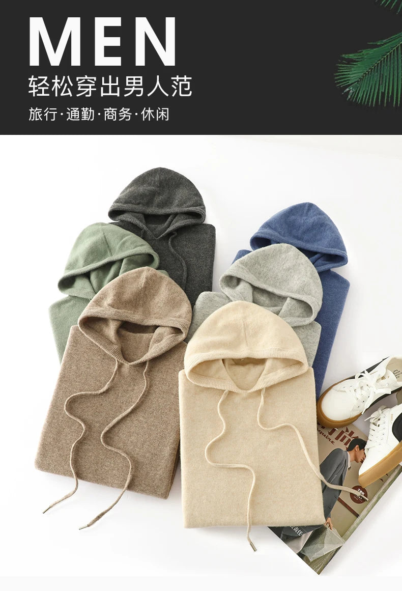 Men's 100% Merino Wool Sweater Hooded Collar Knitted Pullover Cashmere Sweatshirt Autumn Winter Casual Large Tops Long Sleeved