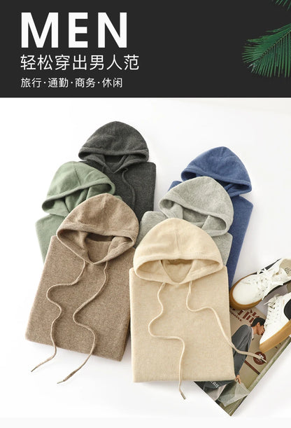 Men's 100% Merino Wool Sweater Hooded Collar Knitted Pullover Cashmere Sweatshirt Autumn Winter Casual Large Tops Long Sleeved