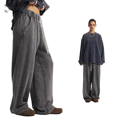 Custom LOGO Men's New 380G Heavy 100% Cotton 2025 Loose Retro Wide Leg Scattered Sports Casual Pants