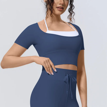 Yoga Sexy Dance Clothes High Elastic Sports T-shirt Women Fitness Top Short Sleeves Running Shirts Gym Push Up Workout Top Tee