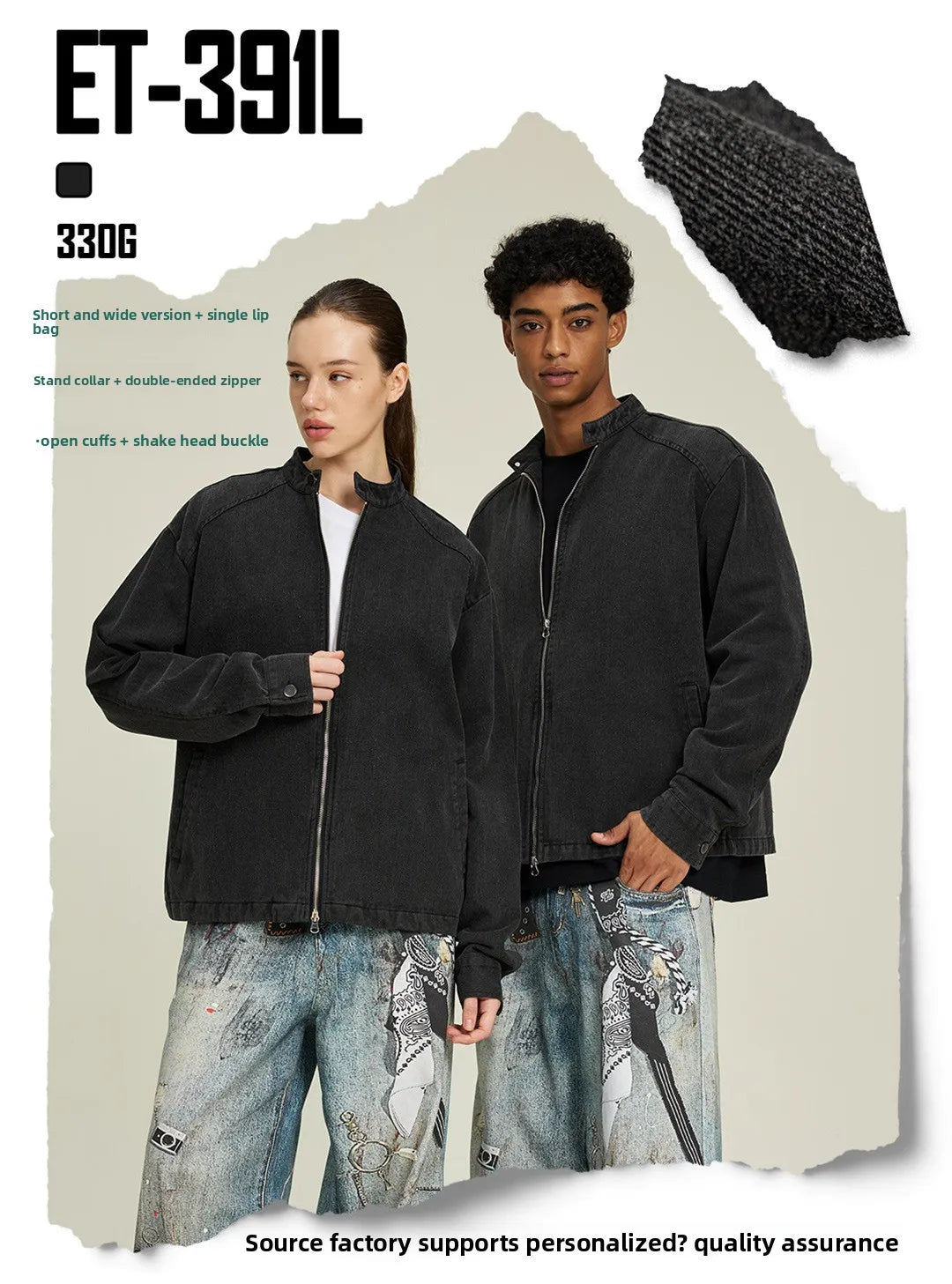 Custom LOGO men's 330G cotton stand-up collar jacket old coat autumn and winter new 2026 American retro boxy short and wide top