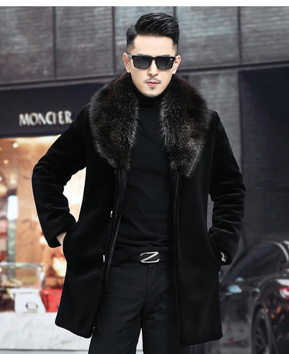 6XL Winter Jacket for Men Sheep Shearling Down Coat Men's Large Fur Collar Midi Long 100% Wool Real Fur Coats and Jackets FCY