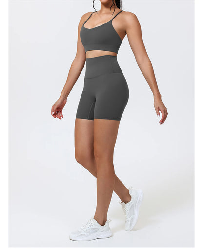 Hearuisavy Sports Shorts Set 2Pcs Women High Waisted Breathable Yoga Pants Gym Running Shock Proof Comfort Pilates Sports Bra