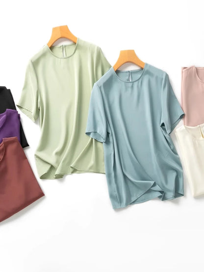 SuyaDream Women T Shirt 22mm Real Silk O Neck Short Sleeves Summer Tee 2025 New Chic Tops Pink Purple