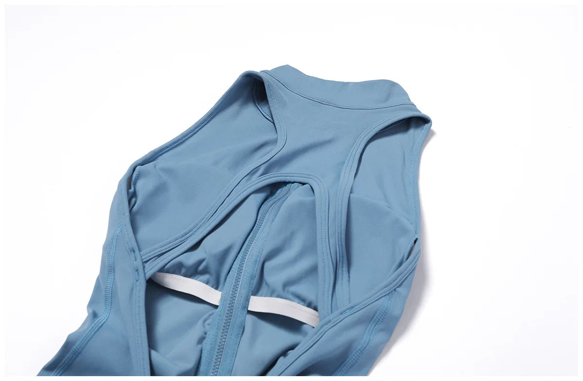 Summer V Back One-piece Suit Women Sports Jumpsuit Zippers Yoga Rompers Backless Sportswear Women Sleeveles Workout Bodysuits
