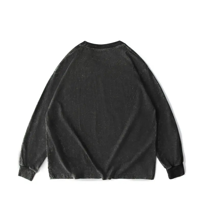 Custom Logo DIY Brand 100% Cotton Retro Washed  Cotton Long Sleeve T-Shirts For Men Unisex Oversized Loose Crew Neck Streetwears