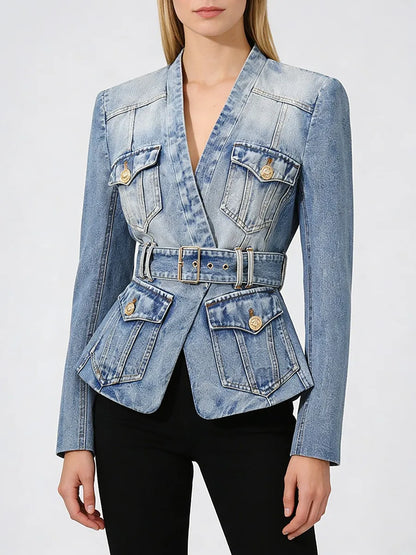 TWOTWINSTYLE Fashion Slimming Spliced Pockets Cowboy Jackets for Women V Neck Long Sleeve Tunic Patchwork Belt Jacket Female New