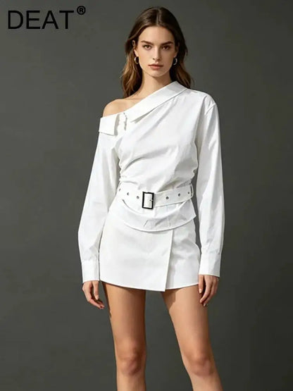 DEAT Fashion Belted Waist Shirt Women's One Shoulder Asymmetrical Collar Long Sleeve White Blouse Sumemr New