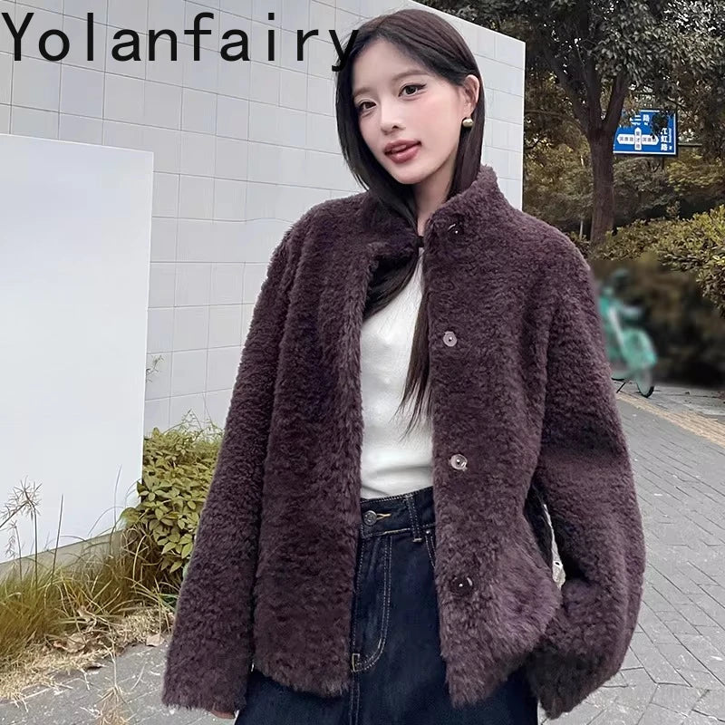 YOLANFAIRY 100% Genuine Leather Jacket Women Warm Natural Fur Coat Woman Winter Short Real Lamb White Fur Coats Jaqueta Feminina