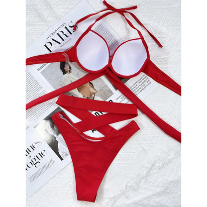 Sexy Wrap Around High Waist Bikini Female Swimsuit Women Swimwear Two-pieces Bikini set Bandage Bather Bathing Suit Swim V3115