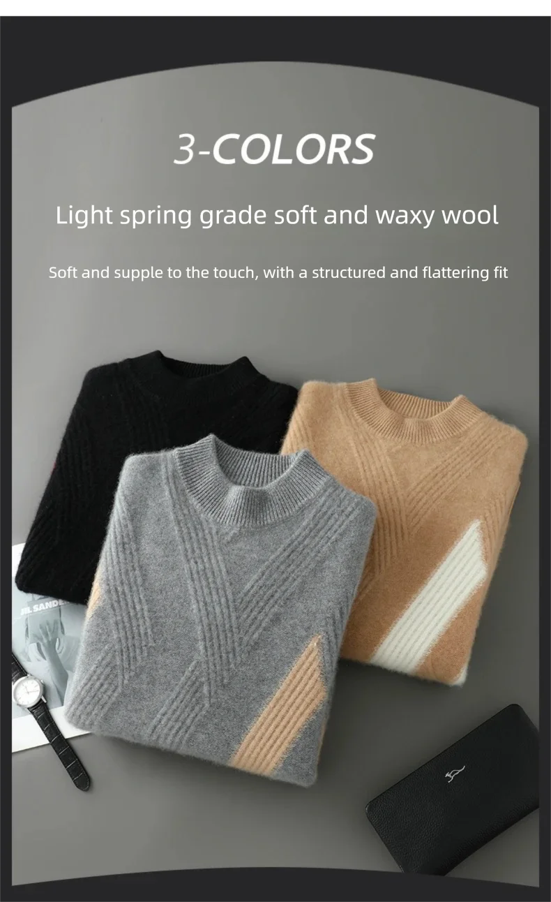 2025 Winter New Product Launch Men's Round Neck Jacquard Cashmere Knit Pullover 100% Pure Wool Men's Sweater Casual Thick Warm