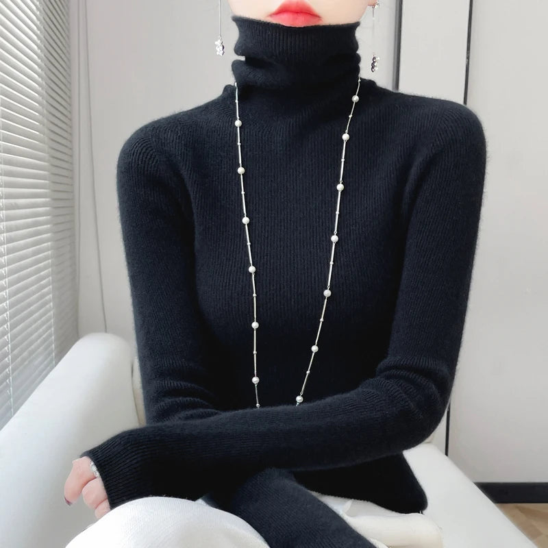 100% Merino Wool Long-sleeved Turtleneck Pullover Women's Autumn Winter Slim Sweater Basic Women's Clothes Cashmere Sweater