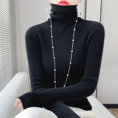 100% Merino Wool Long-sleeved Turtleneck Pullover Women's Autumn Winter Slim Sweater Basic Women's Clothes Cashmere Sweater