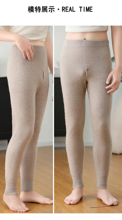 100% Cashmere Knit Leggings Men Winter Wearing Thermal Underwear High Waist Trousers Solid Thicken Elasticity Ankle-Length Pants