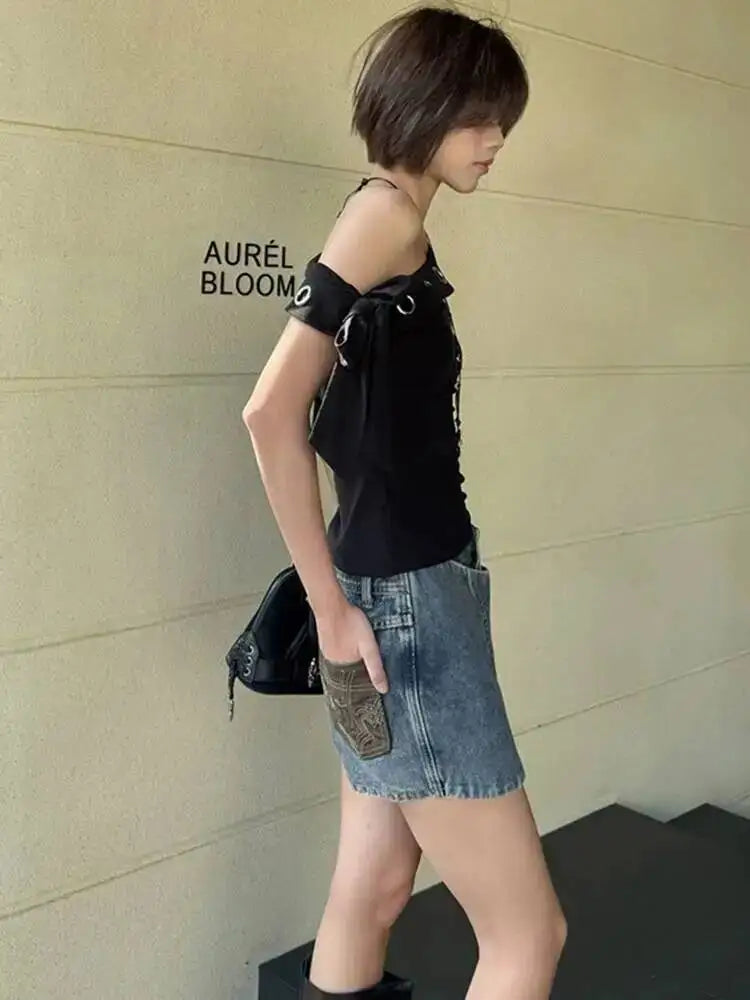 DEAT Fashion High Waist Button Detailed Washed Denim Mini Skirt Women's Wrap Design Streetwear Summer Bottoms New 7A4204
