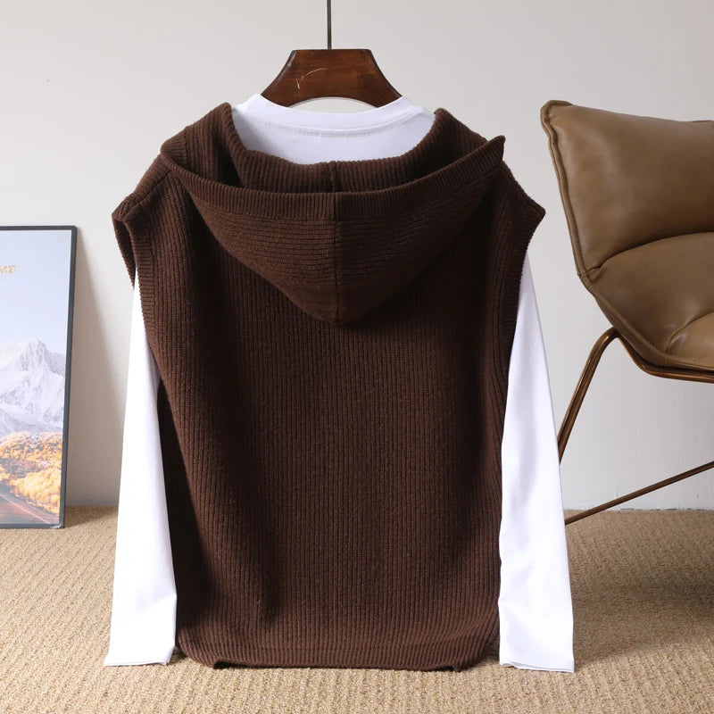2025 Autumn/Winter Men's Vest 100% Merino Wool Knit Hooded Cardigan Casual Loose Sleeveless Solid Color Men's Cashmere Sweater