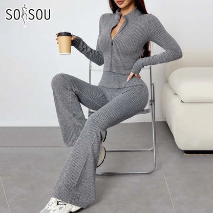 SOISOU 2 PCS Sport Running Sets Autumn Winter Women's Slim Yoga Outfit Long Sleeve Zip Jacket Flared Leggings Fitness Set