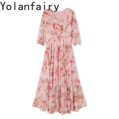 YOLANFAIRY 100% Real Silk Floral Dresses Woman Summer Clothes Elegant Mulberry Silk Pink Dress Romantic Women's Birthday Dress
