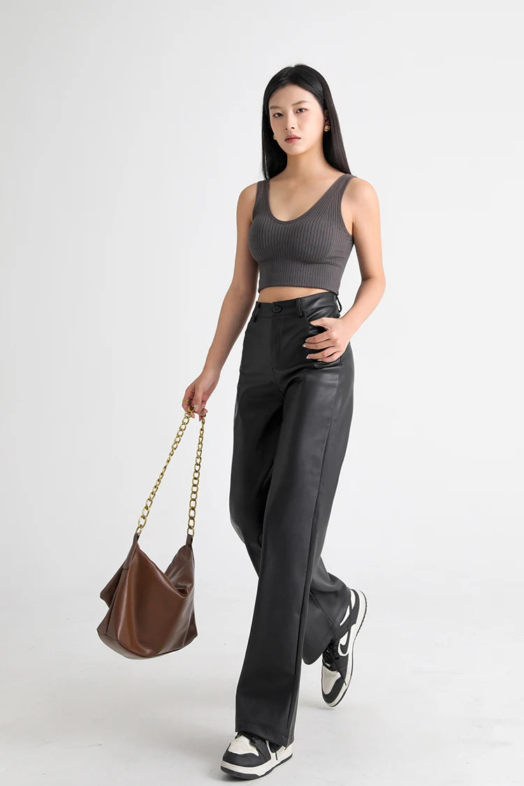 BIVIGAOS Fall Winter Fleece Loose Wide Leg Warm Leather Pants Women Button Pocket High Waist Thick PU Casual Straight Pants