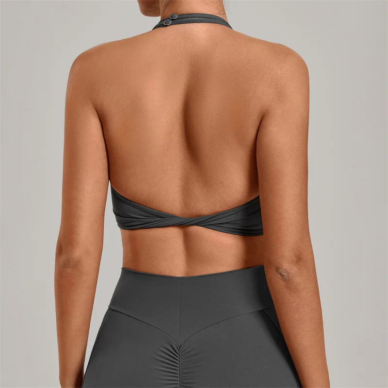 TRY TO BN Yoga Sports Bra Women's Zipper Halter Neck Naked Feeling Backless Underwear Fitness Tops Workout Running Gym Clothing