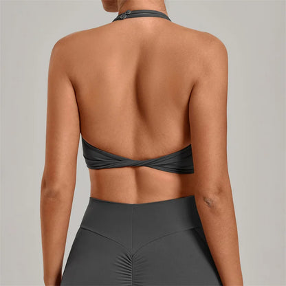 TRY TO BN Yoga Sports Bra Women's Zipper Halter Neck Naked Feeling Backless Underwear Fitness Tops Workout Running Gym Clothing