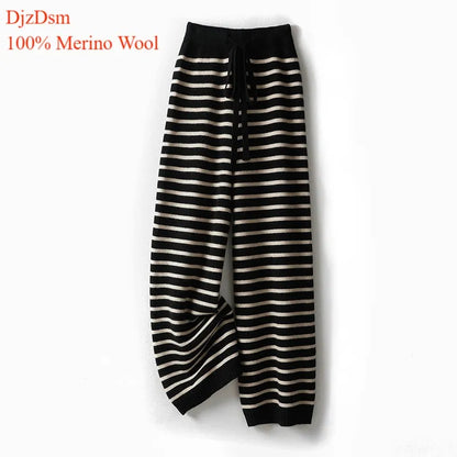Women's Spring and Autumn 100% Merino Wool 90 Count Knitted Striped Wide Leg Pants