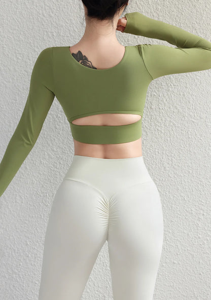 SOISOU Hollow Back Slim Fit Yoga Crop Top Women's Pilates Pullover Shockproof Sports Long Sleeve High Elastic Fitness T Shirt