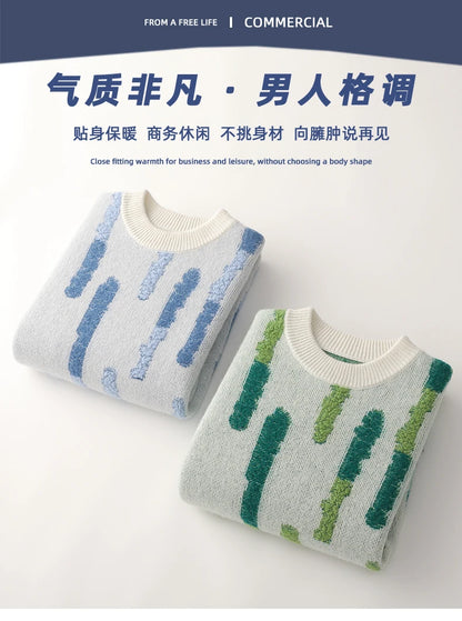 New 100% Pure Wool Men's O-neck Pullover 2025 Autumn/Winter Color Matching Top Casual Thick Fashion Large Size Jumper Sweater