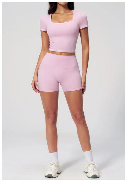 TRY TO BN 2 Pieces Women's Tracksuit Yoga Short Sleeves Top Sets High Waist Shorts Contrasting Color Running Fitness Gym Clothes