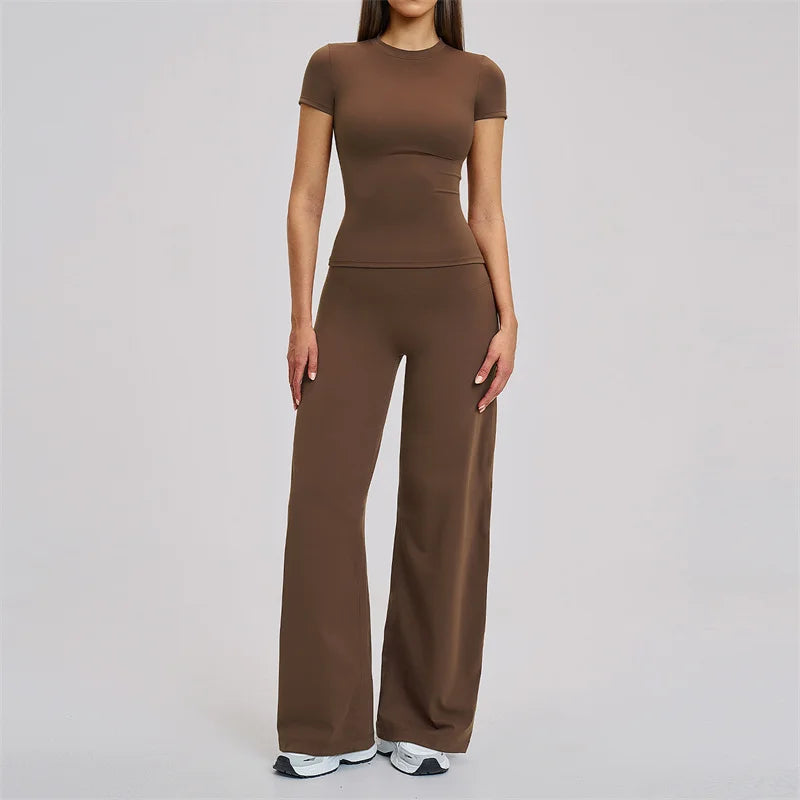 TRY TO BN Women's Tracksuit Two Pieces Yoga Sets Short Sleeve High Waist Leggings Fitness Sportwear Workout Running Gym Clothing