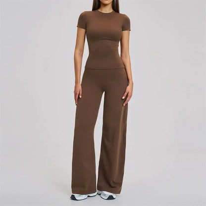 TRY TO BN Women's Tracksuit Two Pieces Yoga Sets Short Sleeve High Waist Leggings Fitness Sportwear Workout Running Gym Clothing