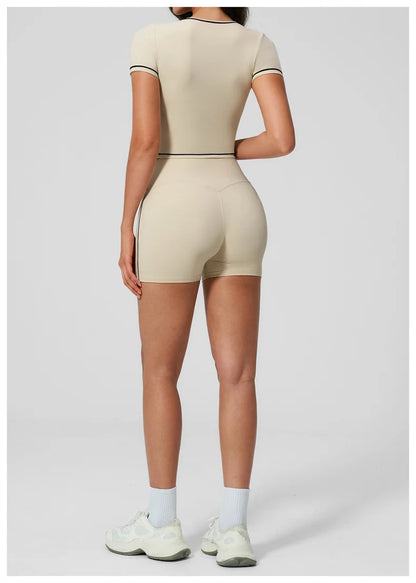 TRY TO BN 2 Pieces Women's Tracksuit Yoga Short Sleeves Top Sets High Waist Shorts Contrasting Color Running Fitness Gym Clothes