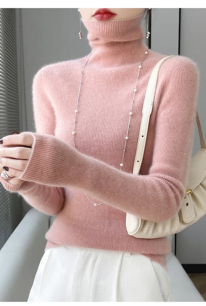 100% Merino Wool Long-sleeved Turtleneck Pullover Women's Autumn Winter Slim Sweater Basic Women's Clothes Cashmere Sweater