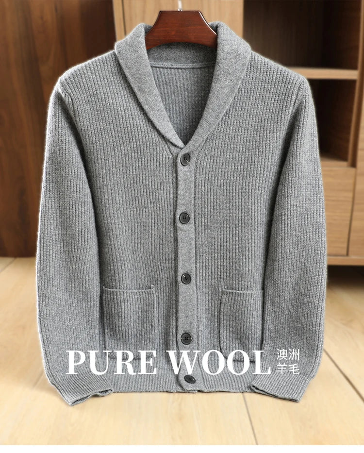 Men High Quality Polo Collar Cardigan Autumn Winter Thick Buttons 100% Merino Wool Sweater Smart Casual Coat Cashmere Knitwear