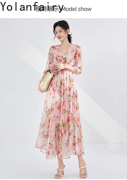 YOLANFAIRY 100% Real Silk Floral Dresses Woman Summer Clothes Elegant Mulberry Silk Pink Dress Romantic Women's Birthday Dress
