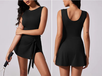 VITALINOVO Tennis Dress for Women with Built in Shorts Womens Athletic Dresses Sleeveless Boat Neck Active Workout Skort Dress