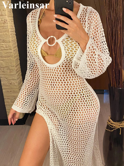 Sexy Hollow Out Long Sleeve Crochet Knitted Tunic Beach Dress Beach Wear Beachwear Beach Cover Up Cover-upsFemale Women V5567