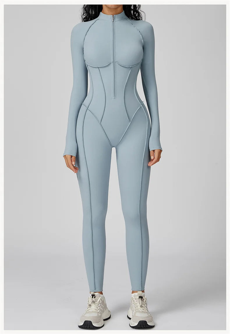 TRY TO BN Gym Jumpsuit Half Zipper Sports Stripe Fitness Bodysuit One-Piece Workout Activewear Tights Woman Suits Yoga Clothing