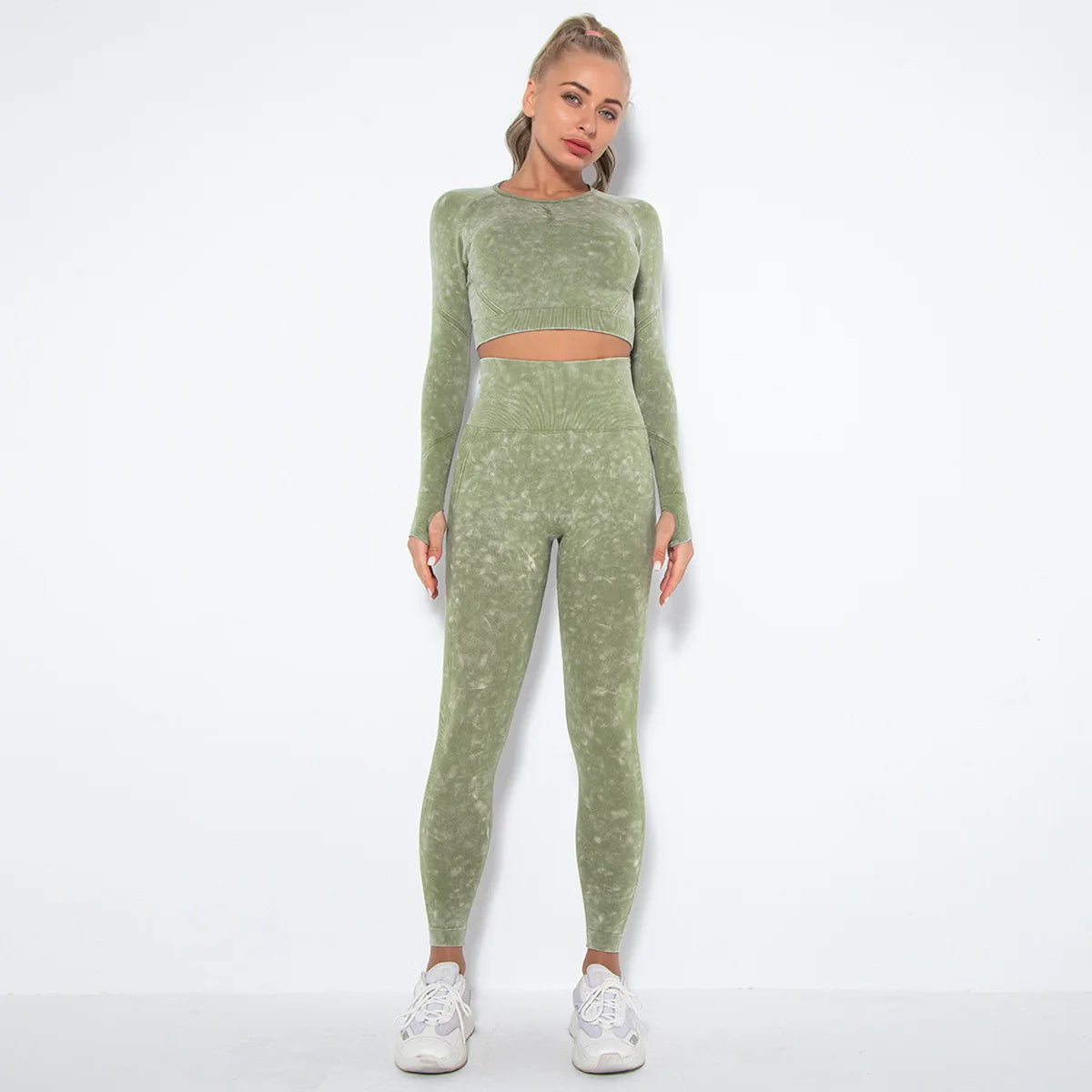 Women Seamless Tracksuit Yoga Set 2PCS Workout Clothes Athletic Wear Gym Legging Fitness Bra Crop Top Long Sleeve Sports Suits