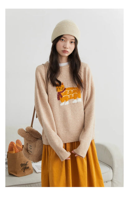 CHIC VEN New Women Sweaters Loose Casual O Neck Cartoon Cat Female Knitted Jumpers Pullovers for Girl Autumn Winter 2025