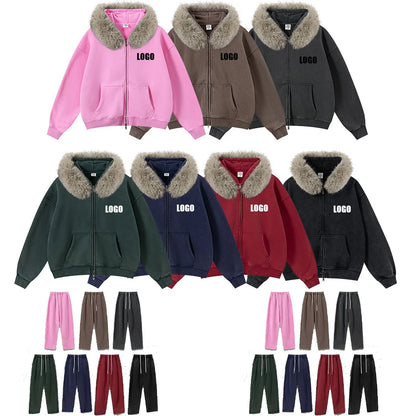 Custom LOGO Men's 400G Autumn Winter Retro Washed Boxy Fleece Collar Plush Thickened  Hooded  Zipper Jacket Couple style set