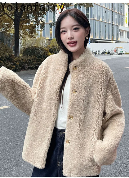 YOLANFAIRY 100% Genuine Leather Jacket Women Warm Natural Fur Coat Woman Winter Short Real Lamb White Fur Coats Jaqueta Feminina