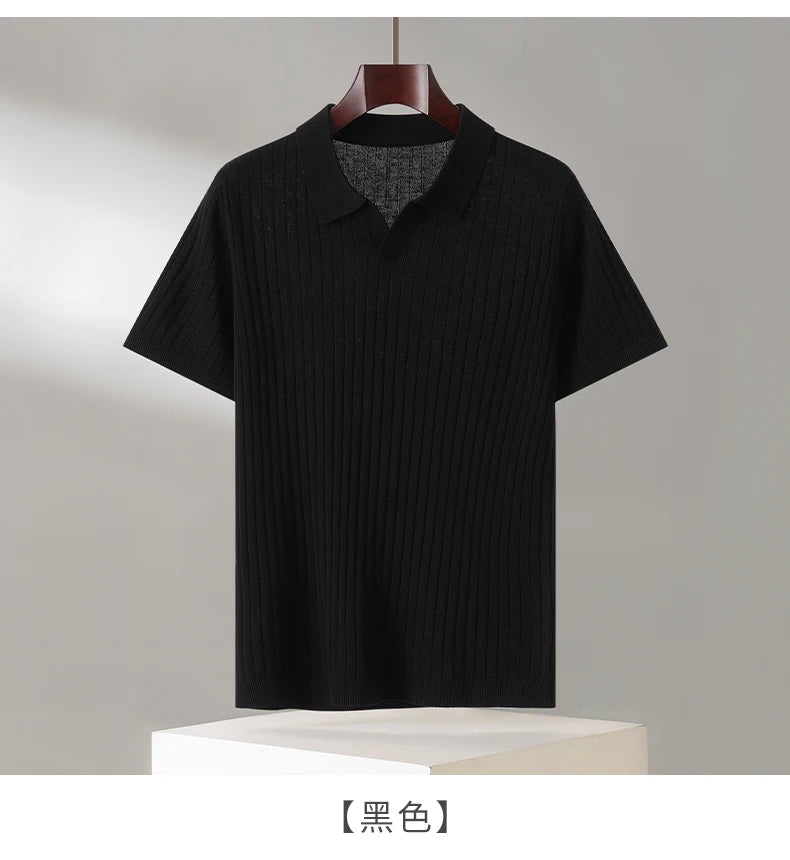 Summer New Men's 100% Lyocell Scissor Collar Solid Color T-Shirt Knit Pullover Bussiness Casual Short-sleeved POLO Collar Tees