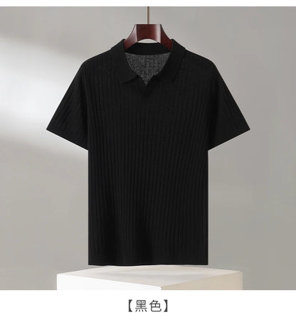 Summer New Men's 100% Lyocell Scissor Collar Solid Color T-Shirt Knit Pullover Bussiness Casual Short-sleeved POLO Collar Tees