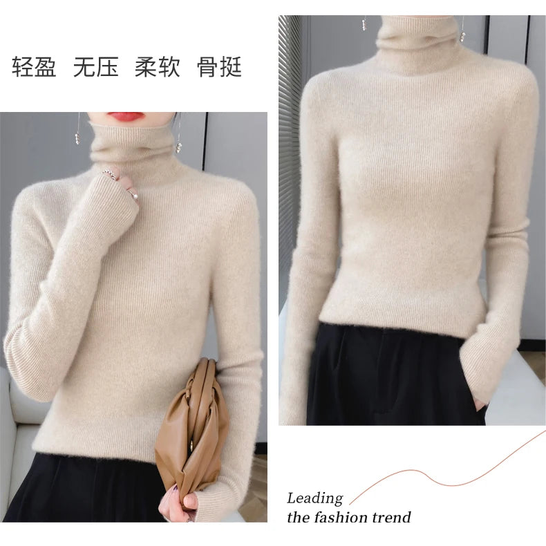 100% Merino Wool Long-sleeved Turtleneck Pullover Women's Autumn Winter Slim Sweater Basic Women's Clothes Cashmere Sweater