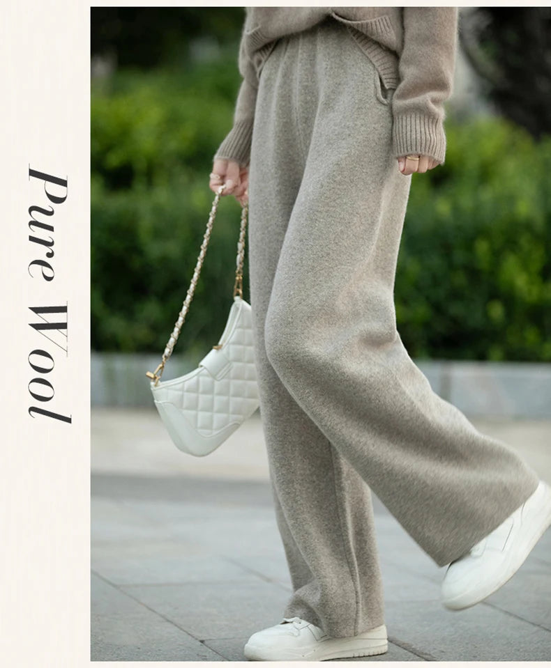 DjzDsm Women's 100% Merino Wool Wide Leg Straight Leg Pants Autumn Winter Thickened Comfortable Fit Trousers