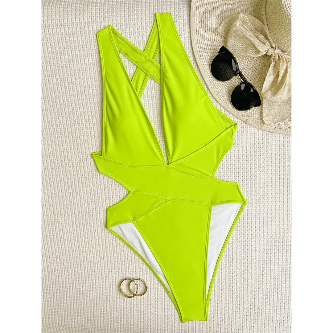 S - XL Deep V Neck Cross Back One Piece Swimsuit Women Swimwear Female High Leg Cut Scrunch Butt Bather Bathing Suit Swim V5723